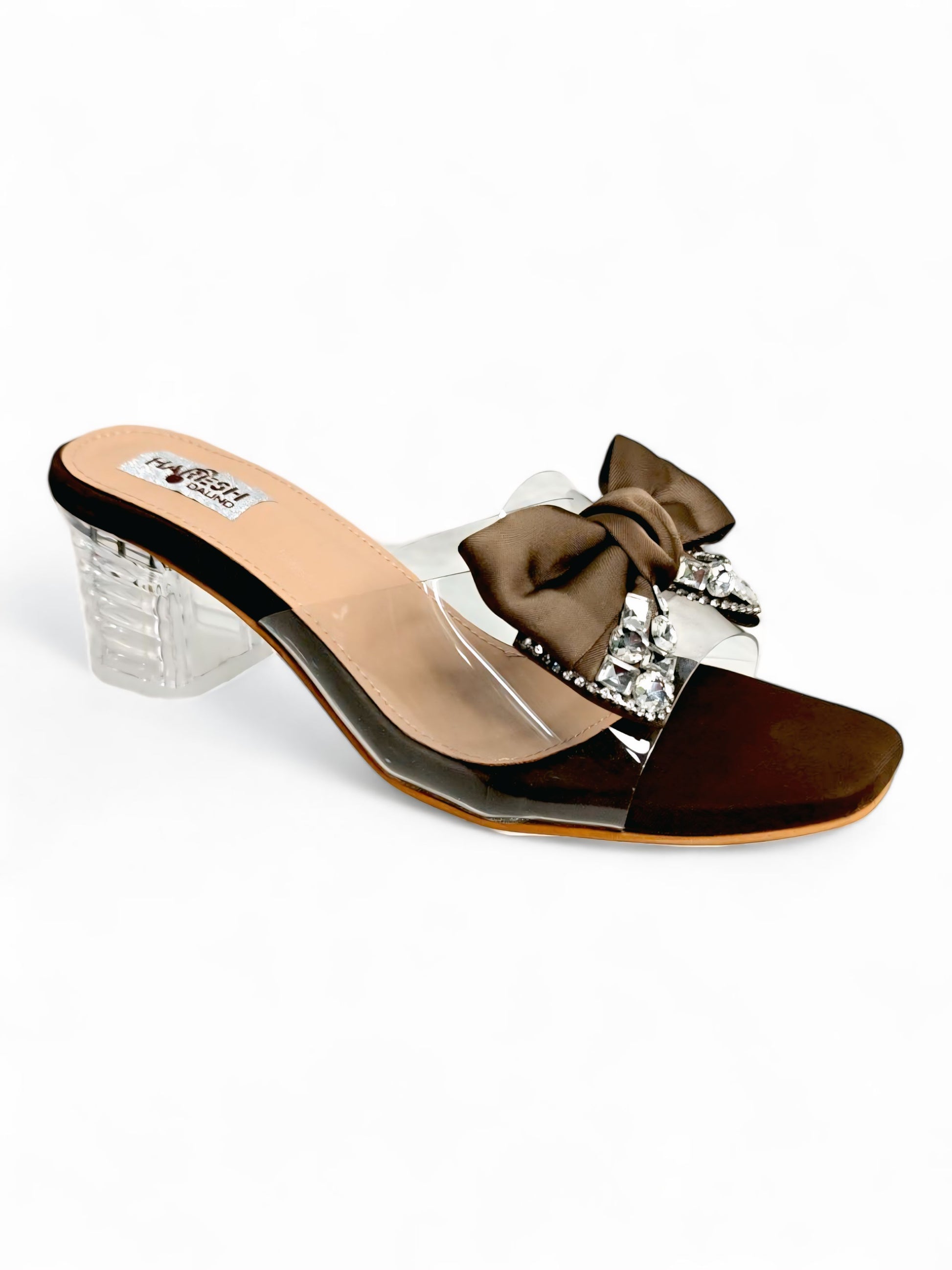 Women’s brown open-toe block heels with clear strap and bow