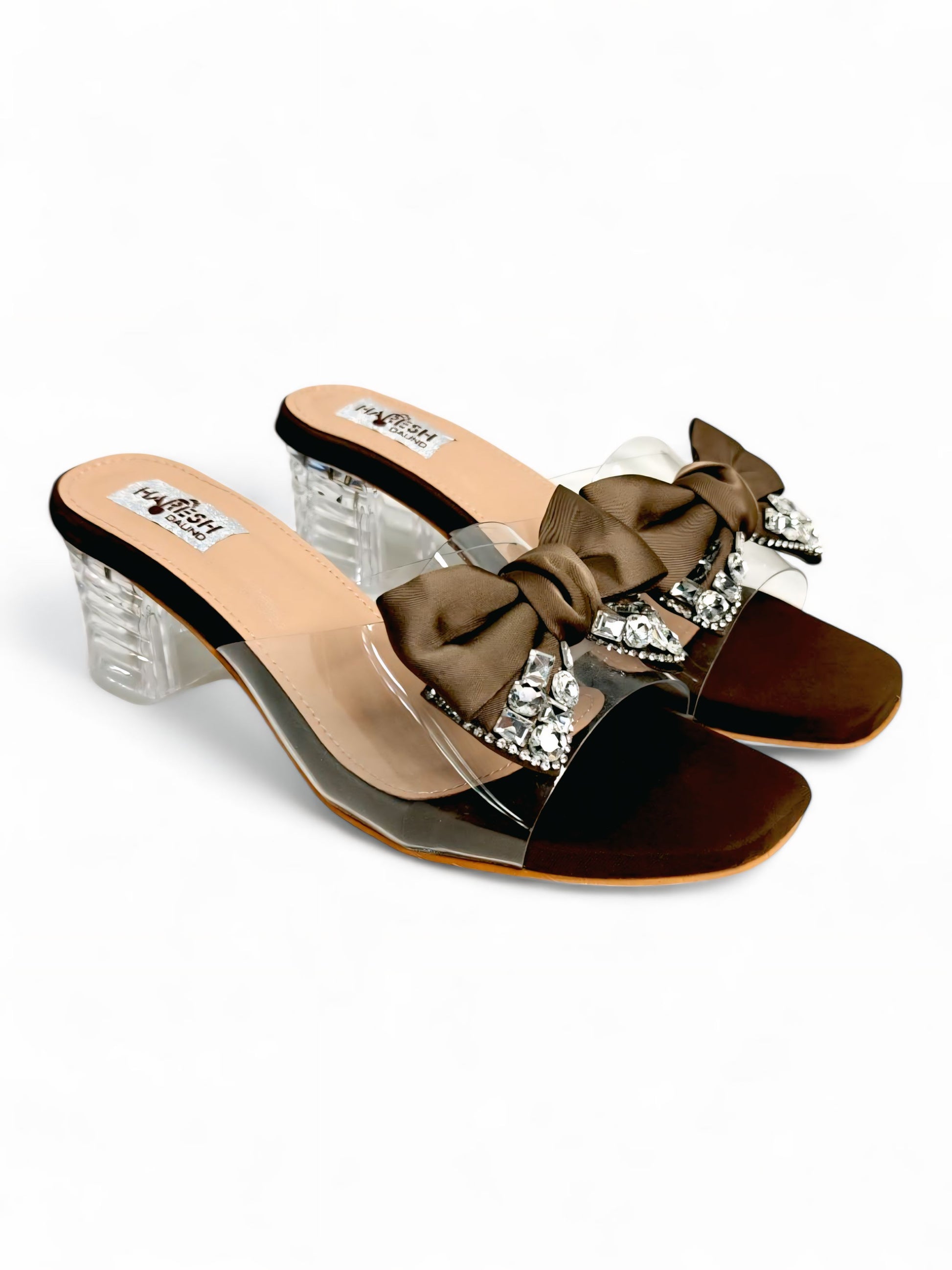 Stylish brown satin bow heels with crystal detailing