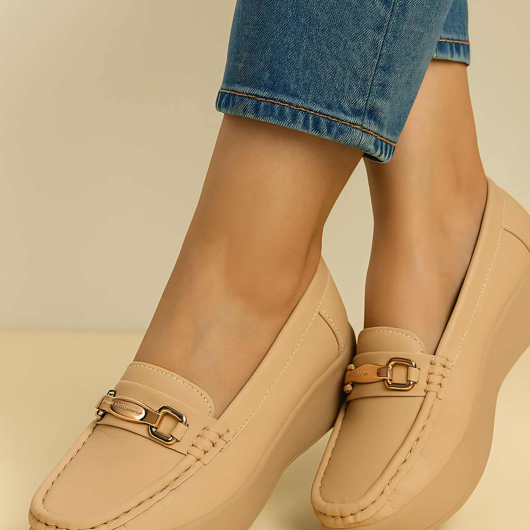Beige platform loafers for women with metal buckle