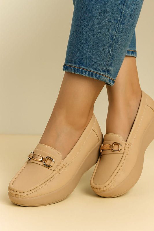Beige Platform Loafers for Women with Metal Buckle