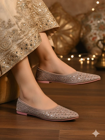 Embroidered ethnic jutti flats for women pink and golden