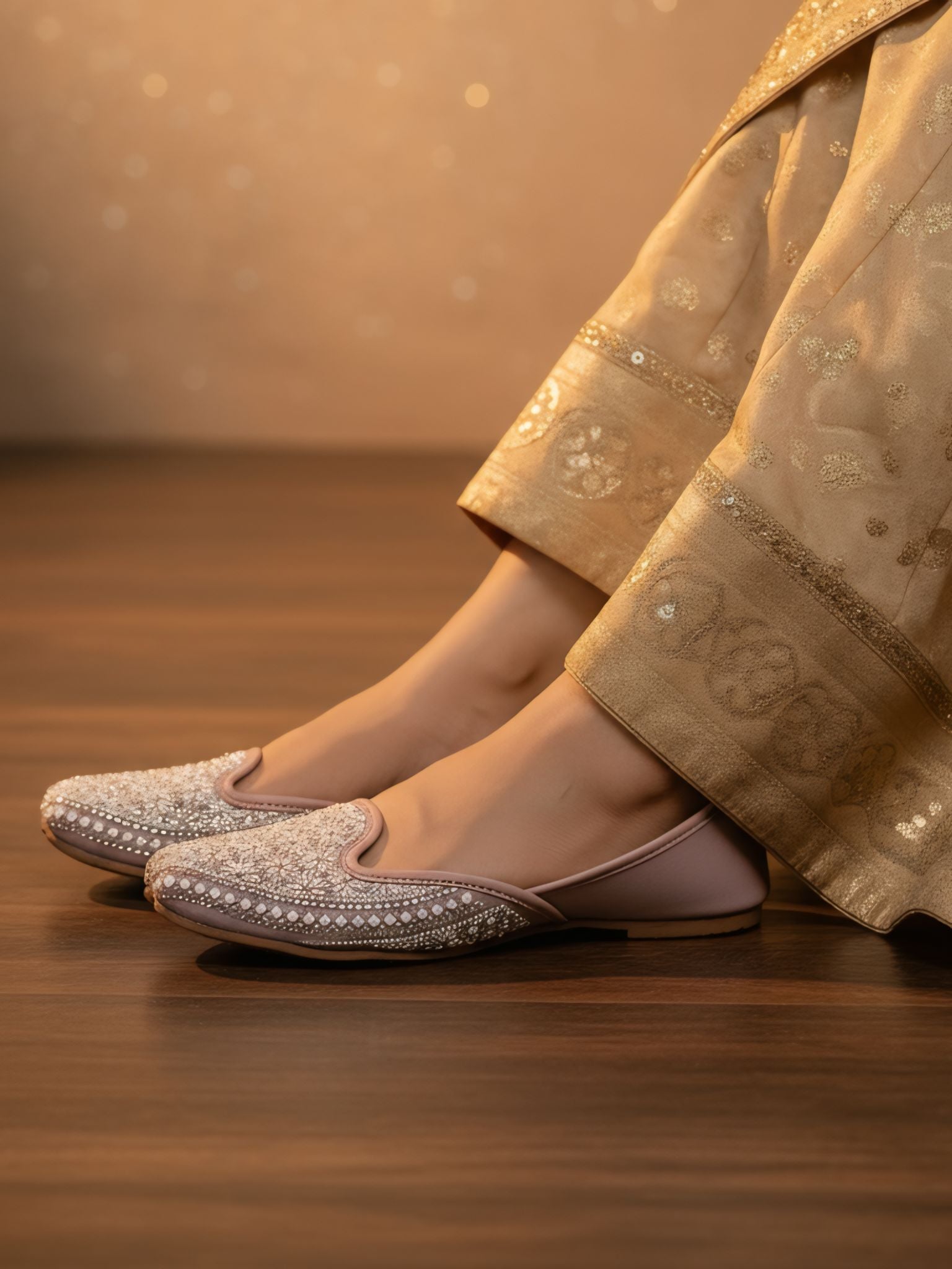 Model wearing pink embroidered traditional jutti with ethnic outfit