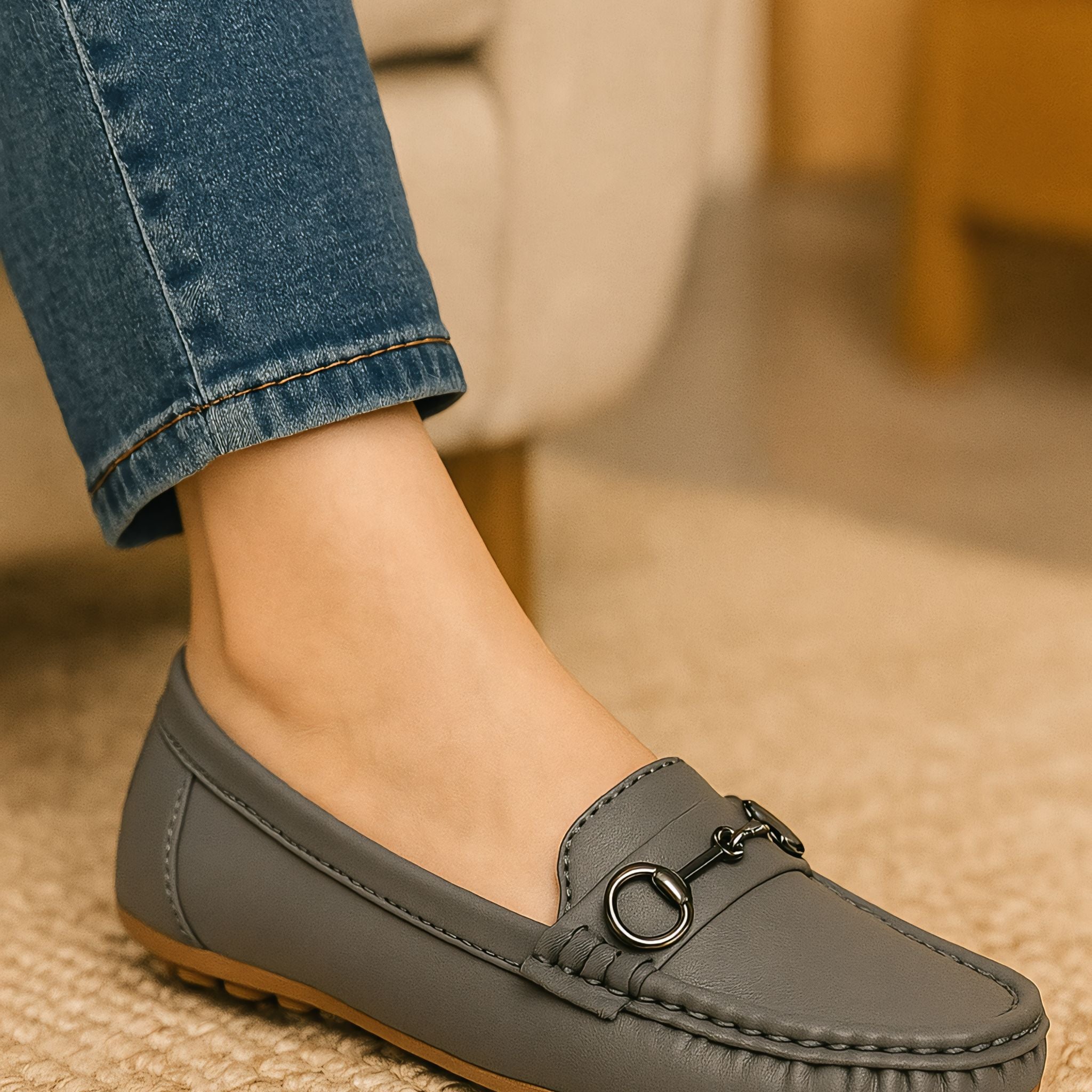 Grey classic loafers for women with metal detail