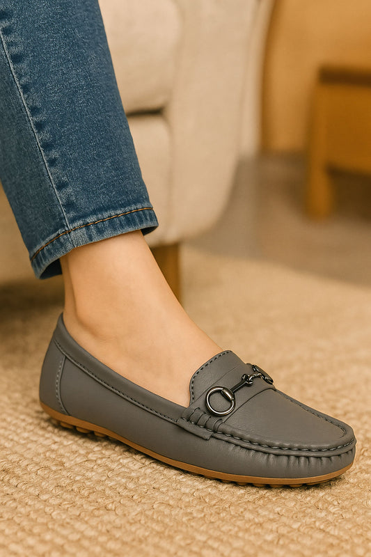 Grey Classic Loafers for Women with Metal Detail