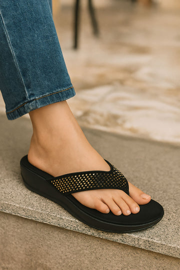 Black embellished wedge thong sandals for women