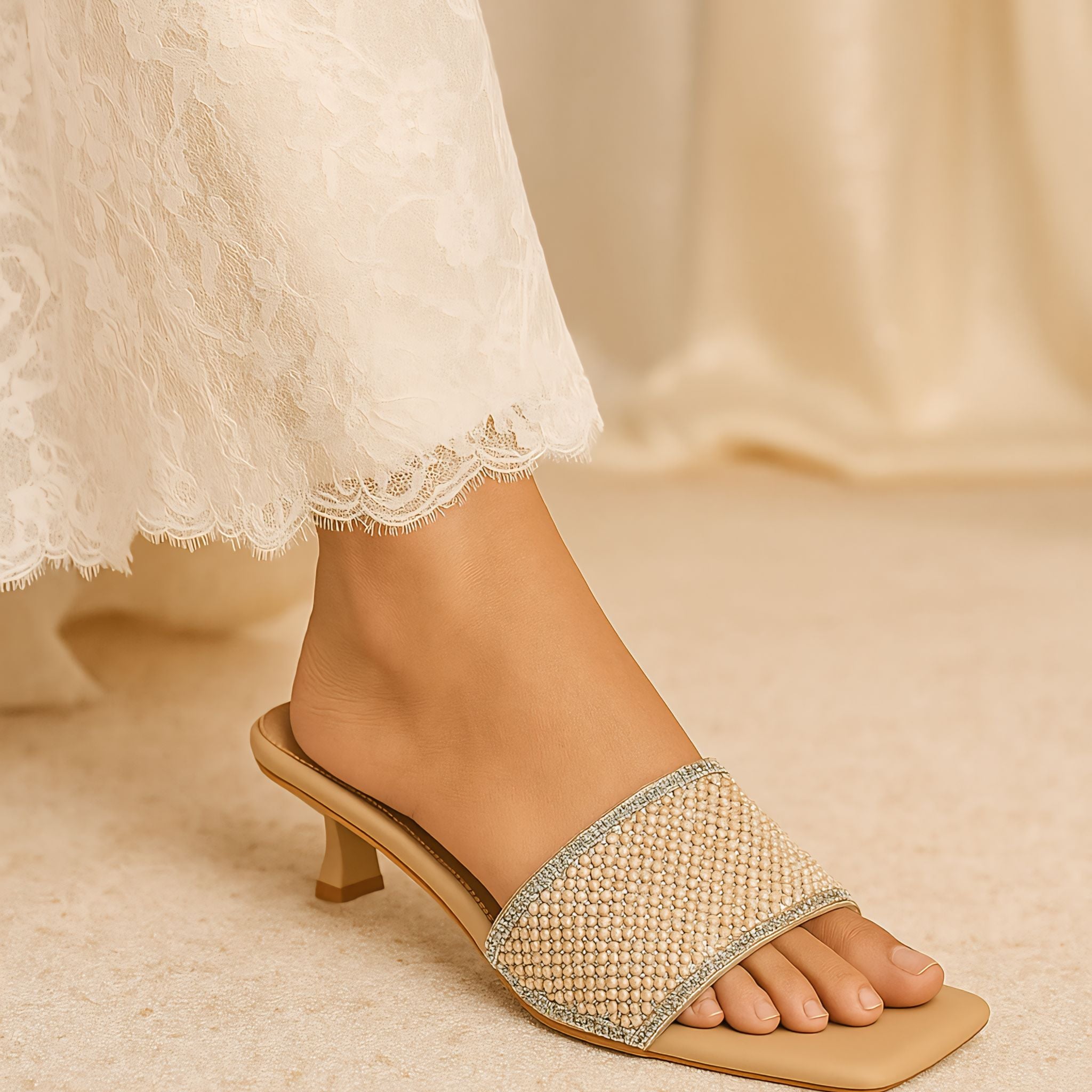 Beige crystal embellished heel sandals for women