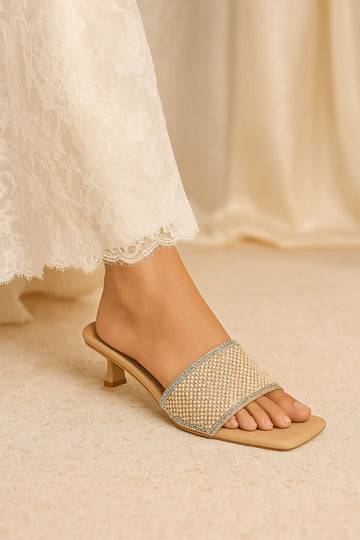 Beige crystal embellished heel sandals for women
