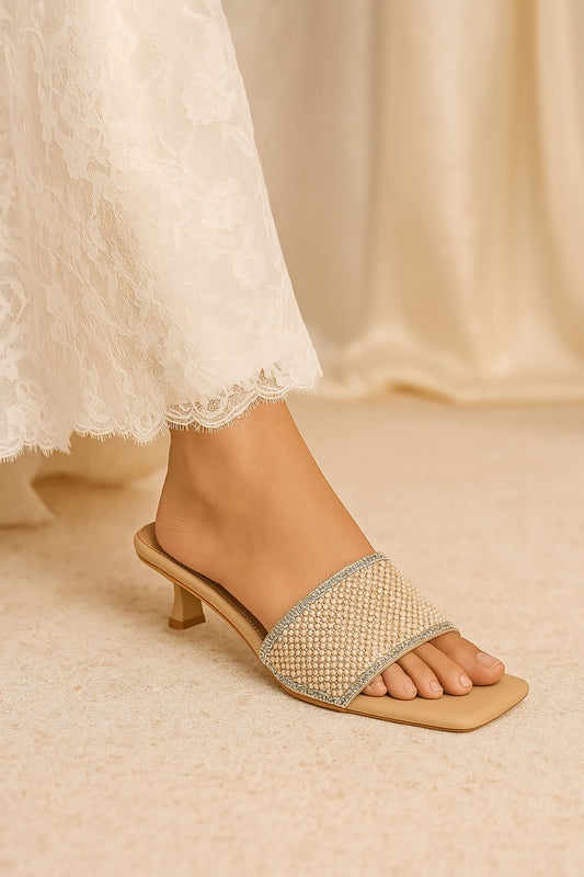 Beige Crystal Embellished Heel Sandals for Women
