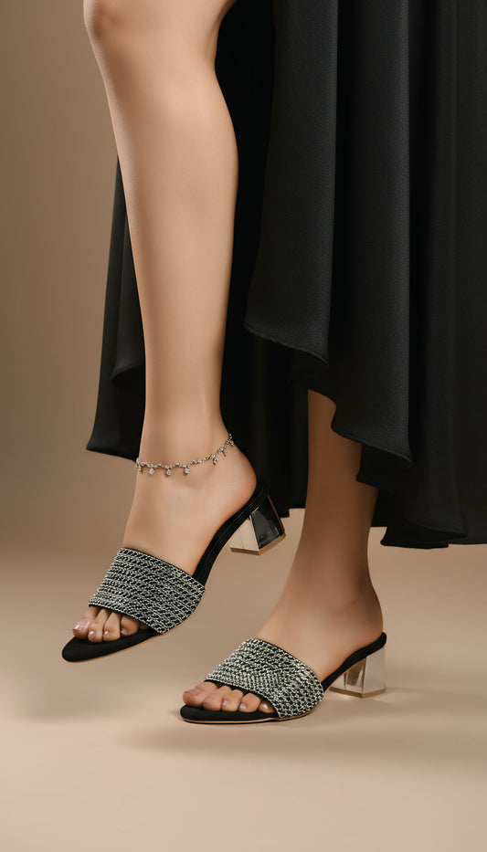 Black & Silver Embellished Block Heel Sandals for Women