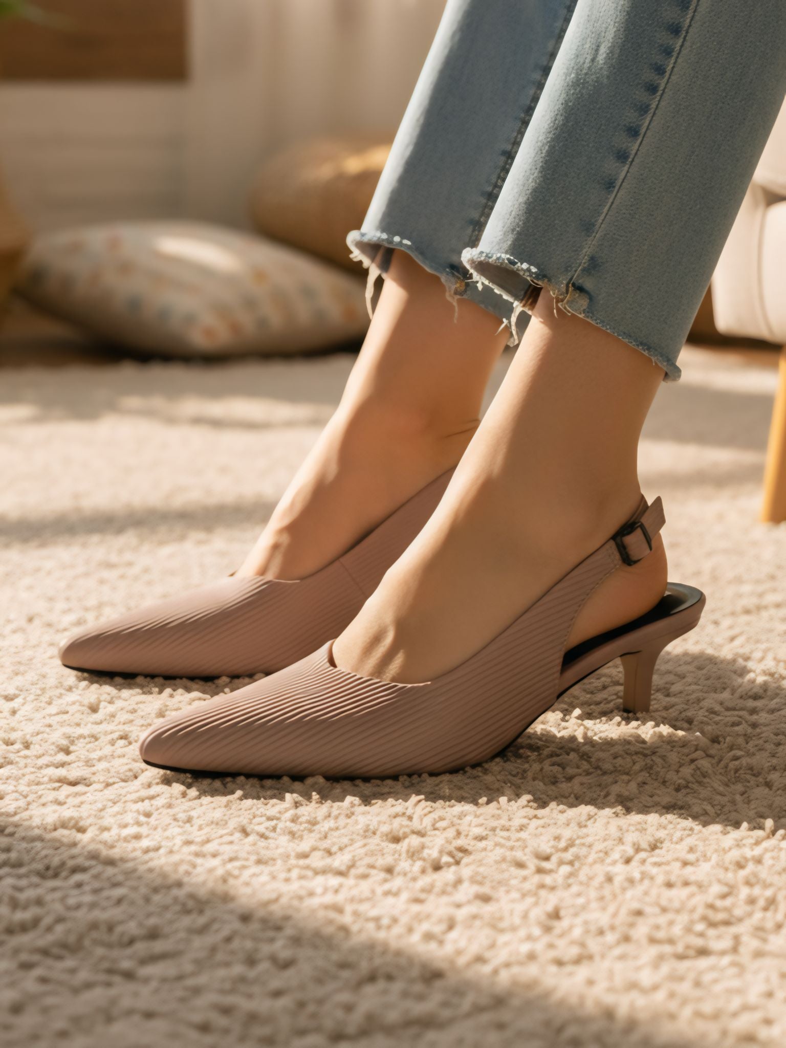 Close-up of model’s feet in nude textured pointed-toe slingback heels