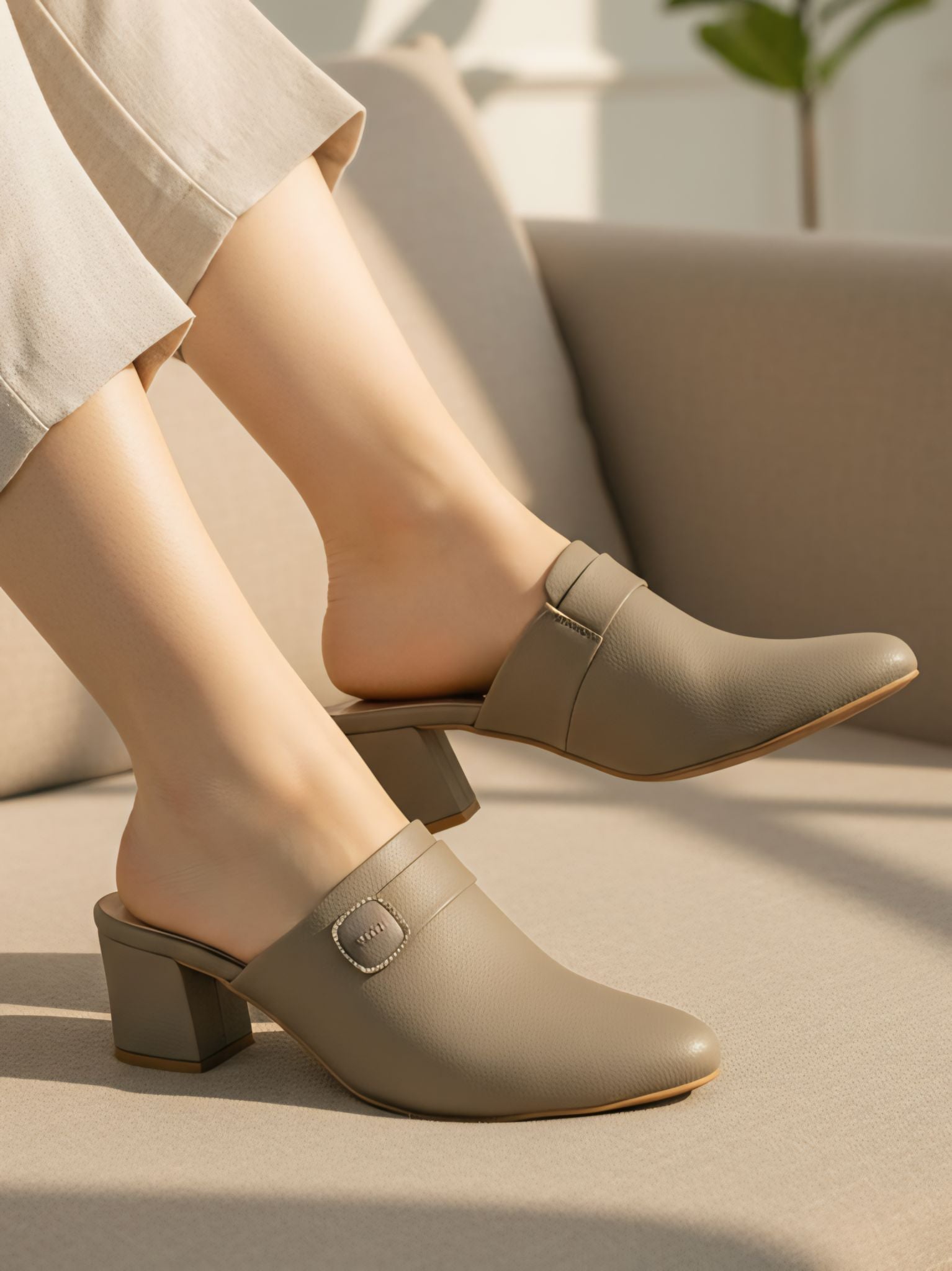 Model wearing taupe closed-toe block heel mules for women