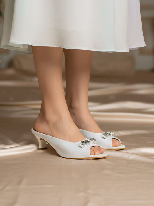 White Textured Peep-Toe Kitten Heel Sandals for Women with Buckle