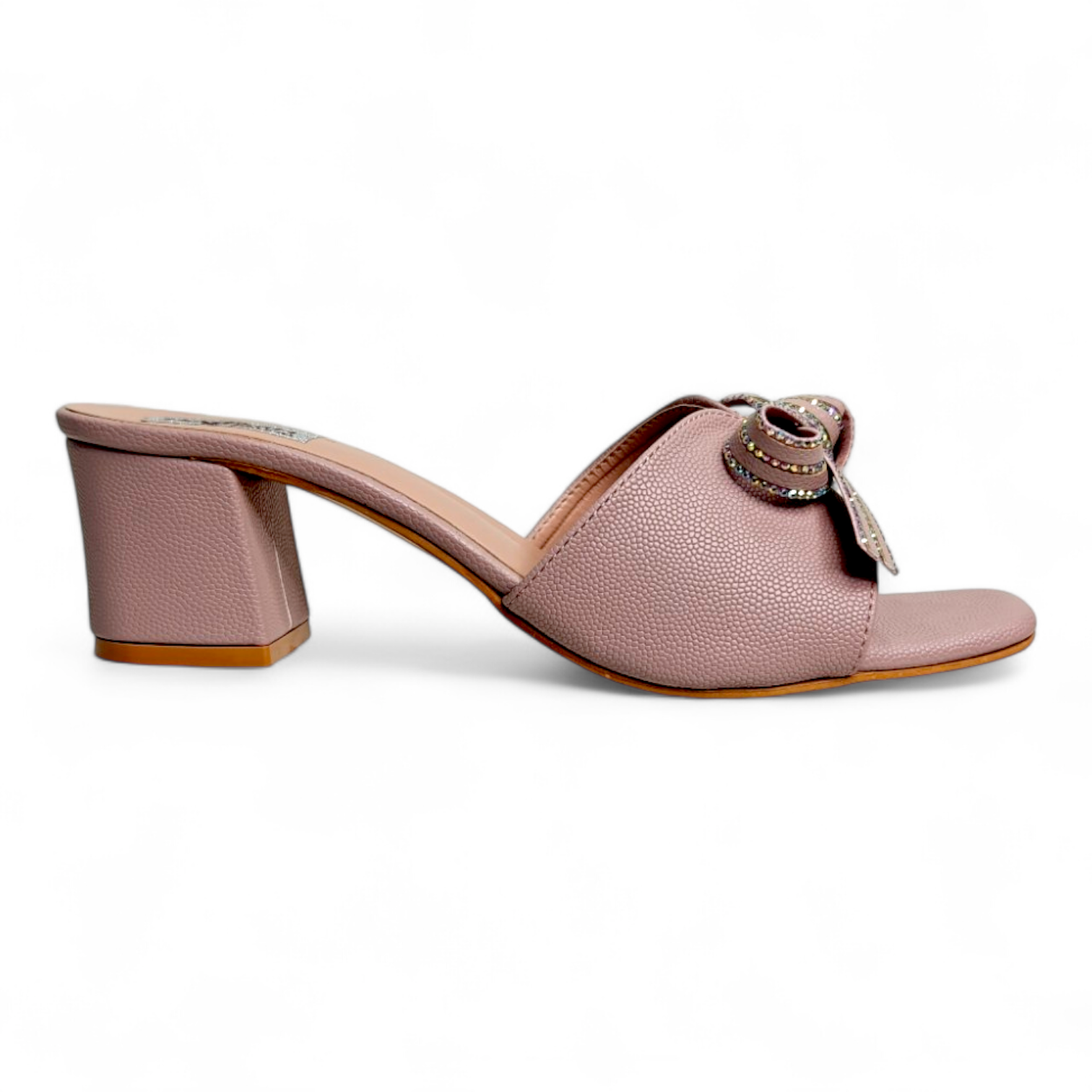 Side view of Lilac Block Heel Footwear showing the open toe design and bow