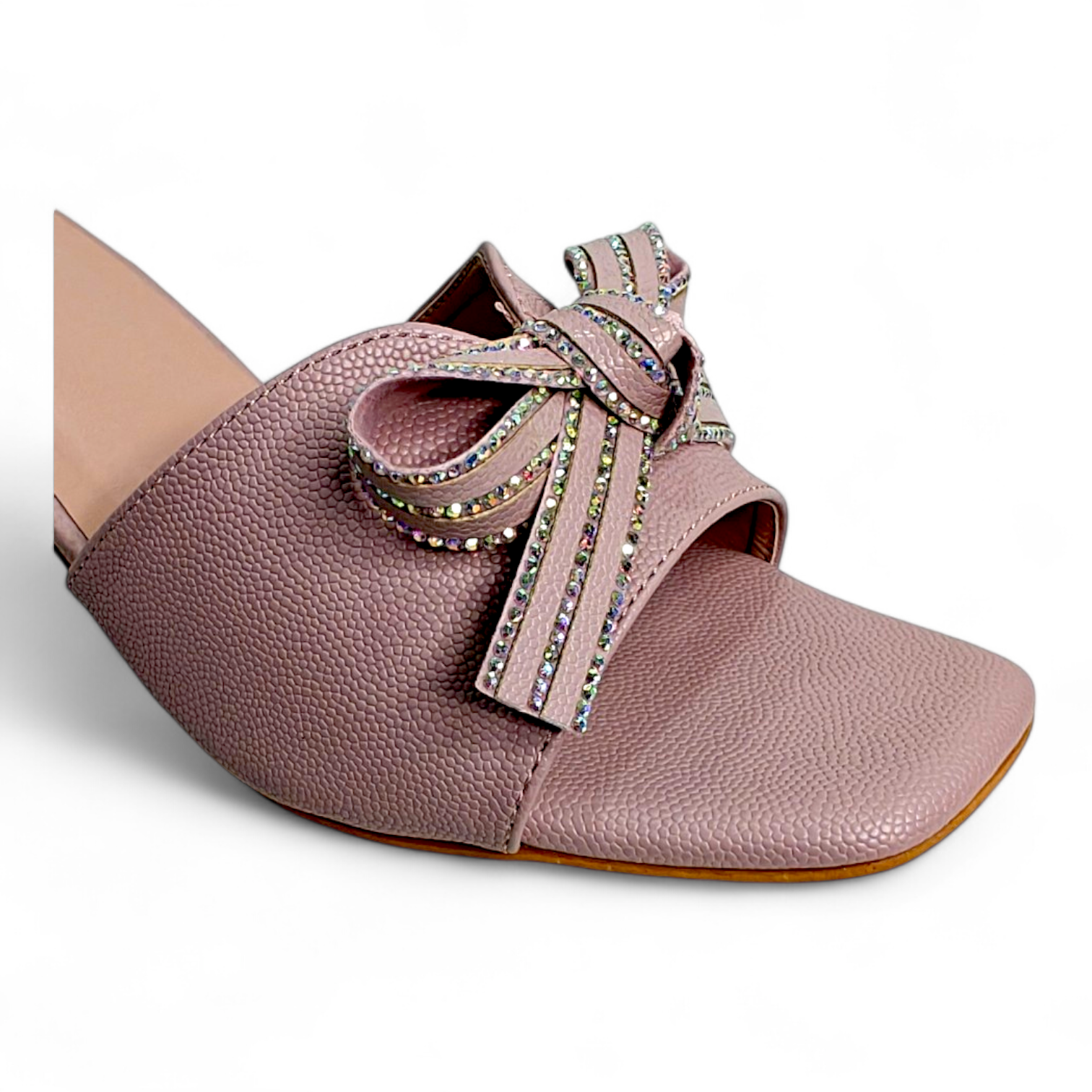 Close-up of bow detail on Lilac Block Heel Open Toe Footwear