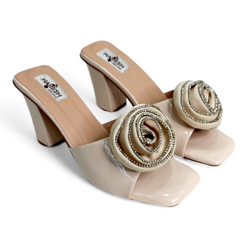 Beige Block Heel Open Toe Footwear with Embellished Flower Bow | Stylish Heels