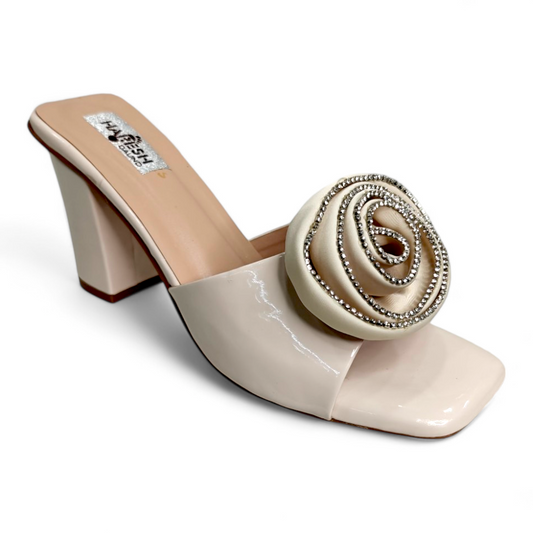 Beige Block Heel Open Toe Footwear with Embellished Flower Bow | Stylish Heels