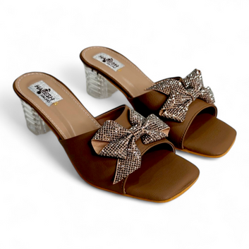 Transparent Heel Open Toe Footwear with Embellished Bow | Tan & Gold Heels