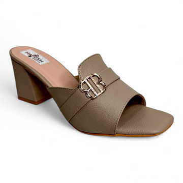 Stylish brown block heel open toe footwear with top buckle detail