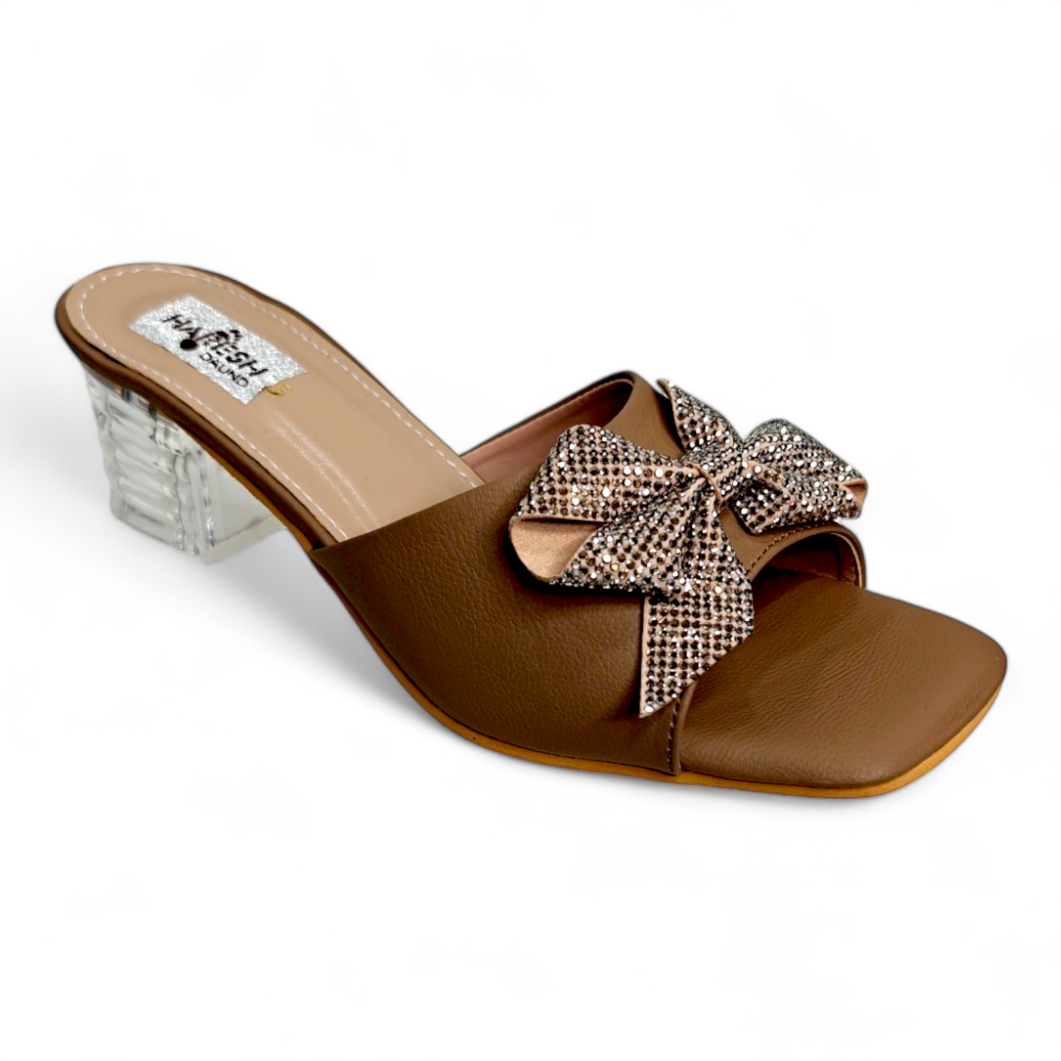 Transparent Heel Open Toe Footwear with Embellished Bow in Tan and Golden Color