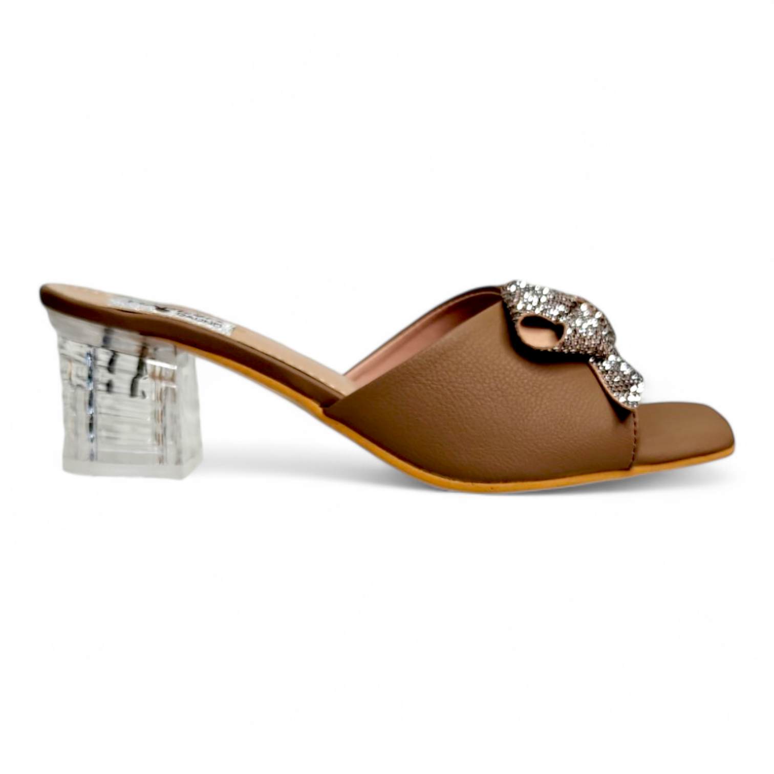 Side view of Tan and Golden Transparent Heel Open Toe Footwear with Bow Detail