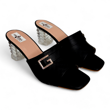 Transparent Heel Open Toe Footwear with G Embellished Buckle | Black Heels