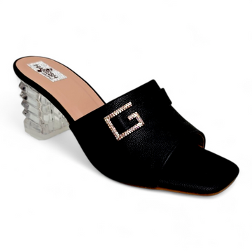 Black transparent heel open toe footwear with G embellished buckle