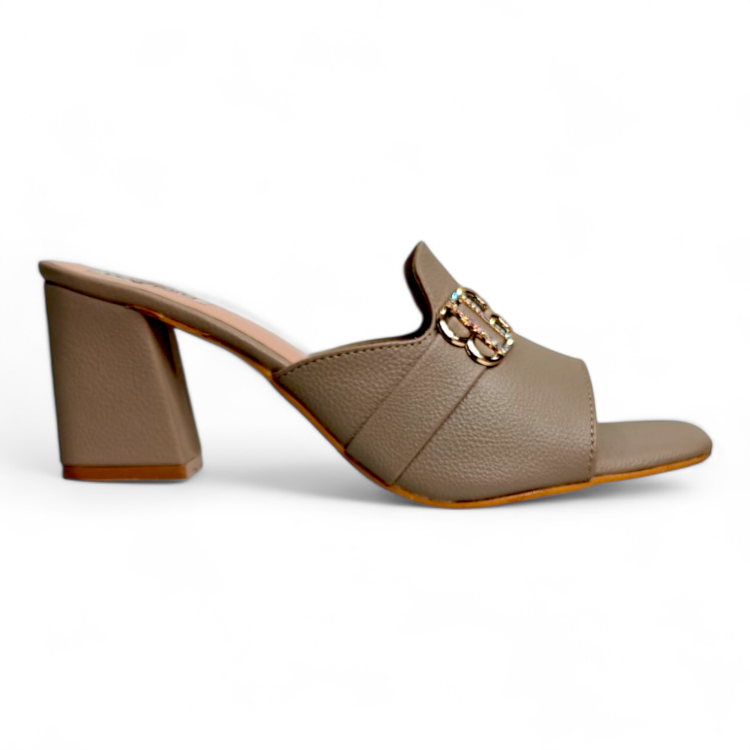 Side view of brown block heel open toe footwear showcasing the buckle on top