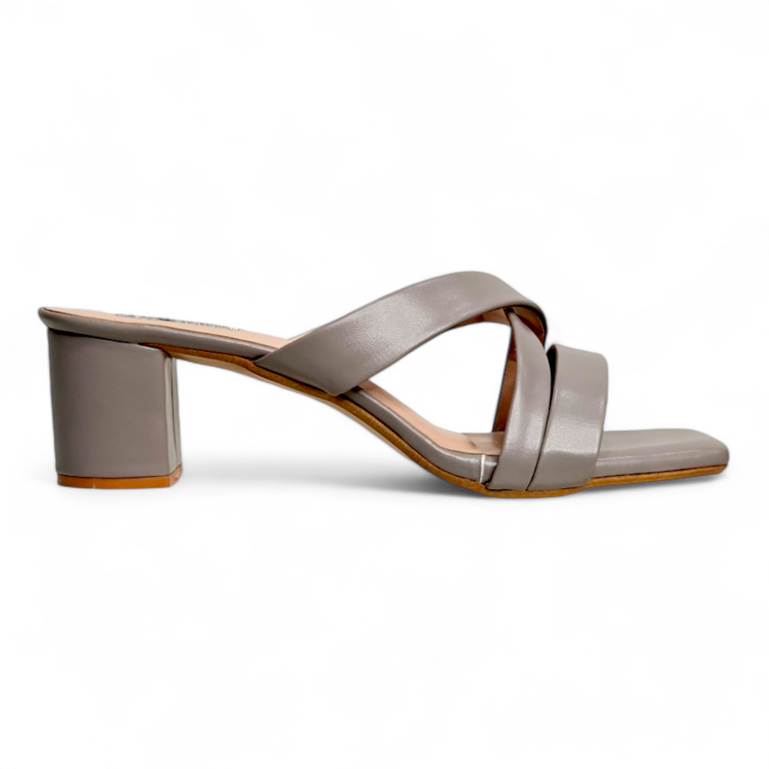 Side view of Grey Block Heel Open Toe Cross Belt Footwear showcasing the stylish cross belt design