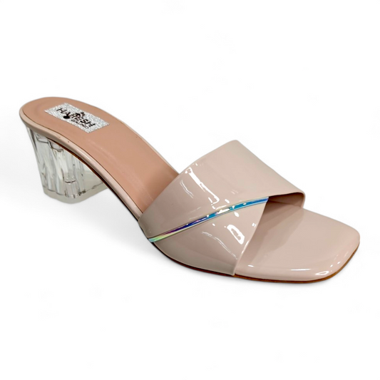 Transparent Heel Open Toe Shine Belt Cream Colour Footwear | Stylish & Modern