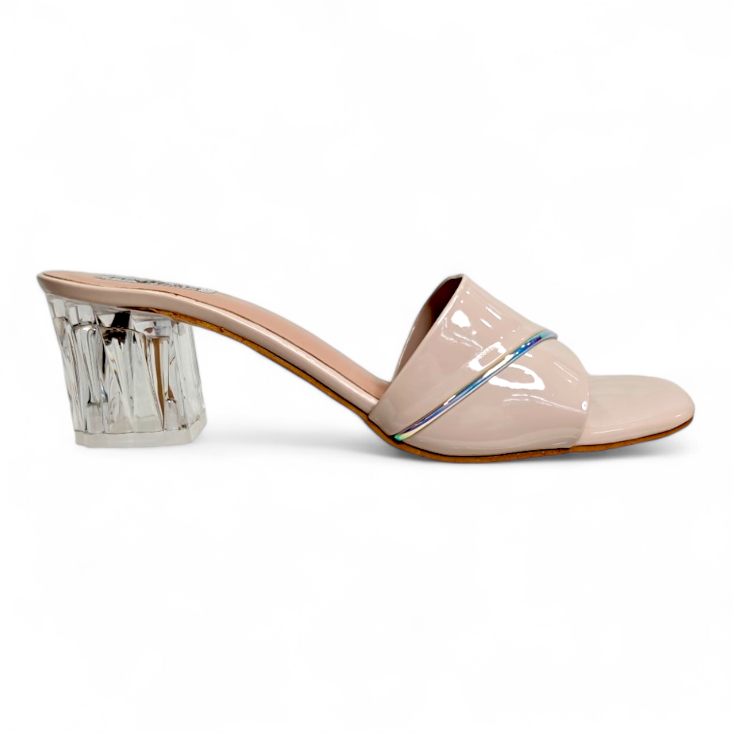 Side view of Cream Colour Footwear with Transparent Heel and Open Toe design