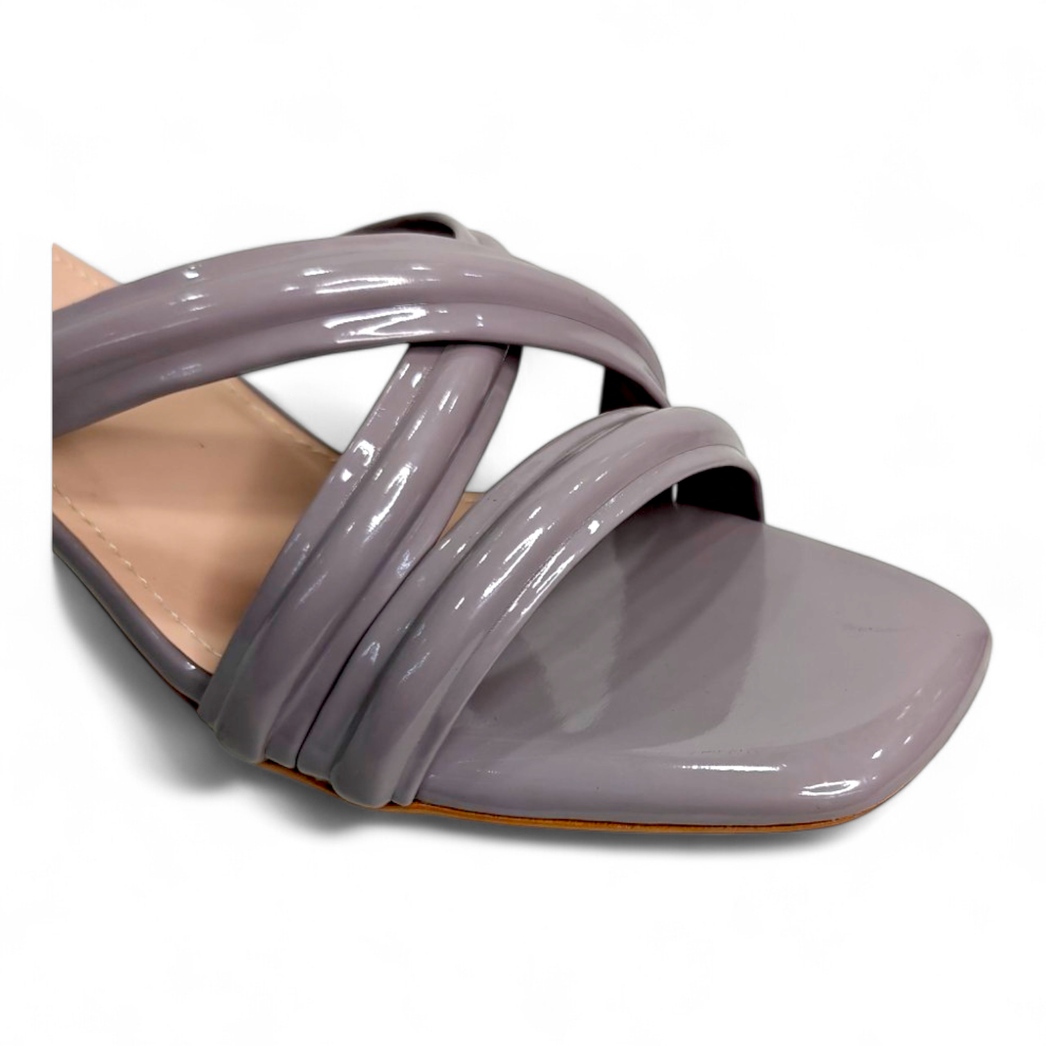 Close-up of cross belt detail on Block Heel Open Toe Footwear in purplish grey