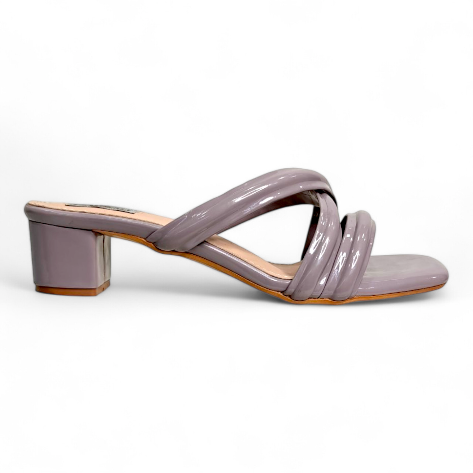 Side view of Block Heel Open Toe Cross Belt Footwear showing stylish design in purplish grey