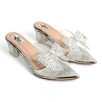 Silver Transparent Heel with Embellished Net Bow & Transparent Belt | Trendy Women's Footwear