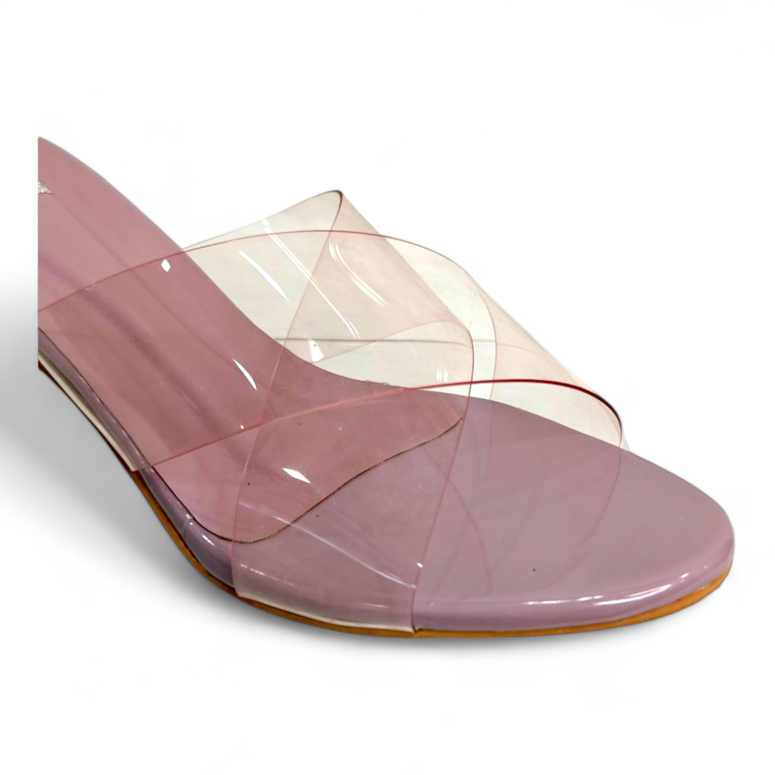 Close-up of clear cross belt and purplish colour detail on transparent heel footwear