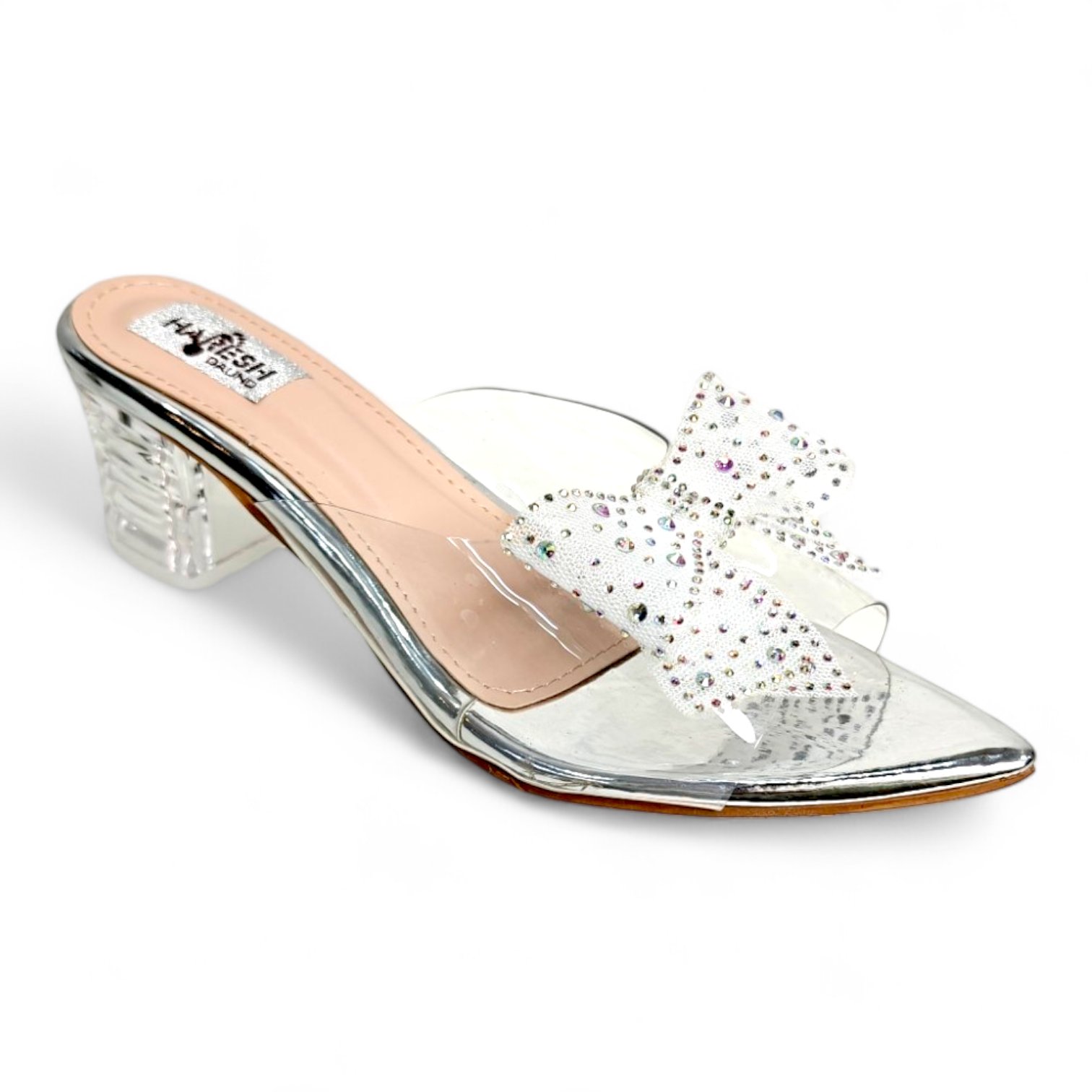 Silver transparent heel with transparent belt and embellished net bow