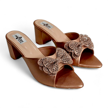 Elegant Copper Block Heels with Open Toe & Embellished Bow | Stylish Pointed Footwear