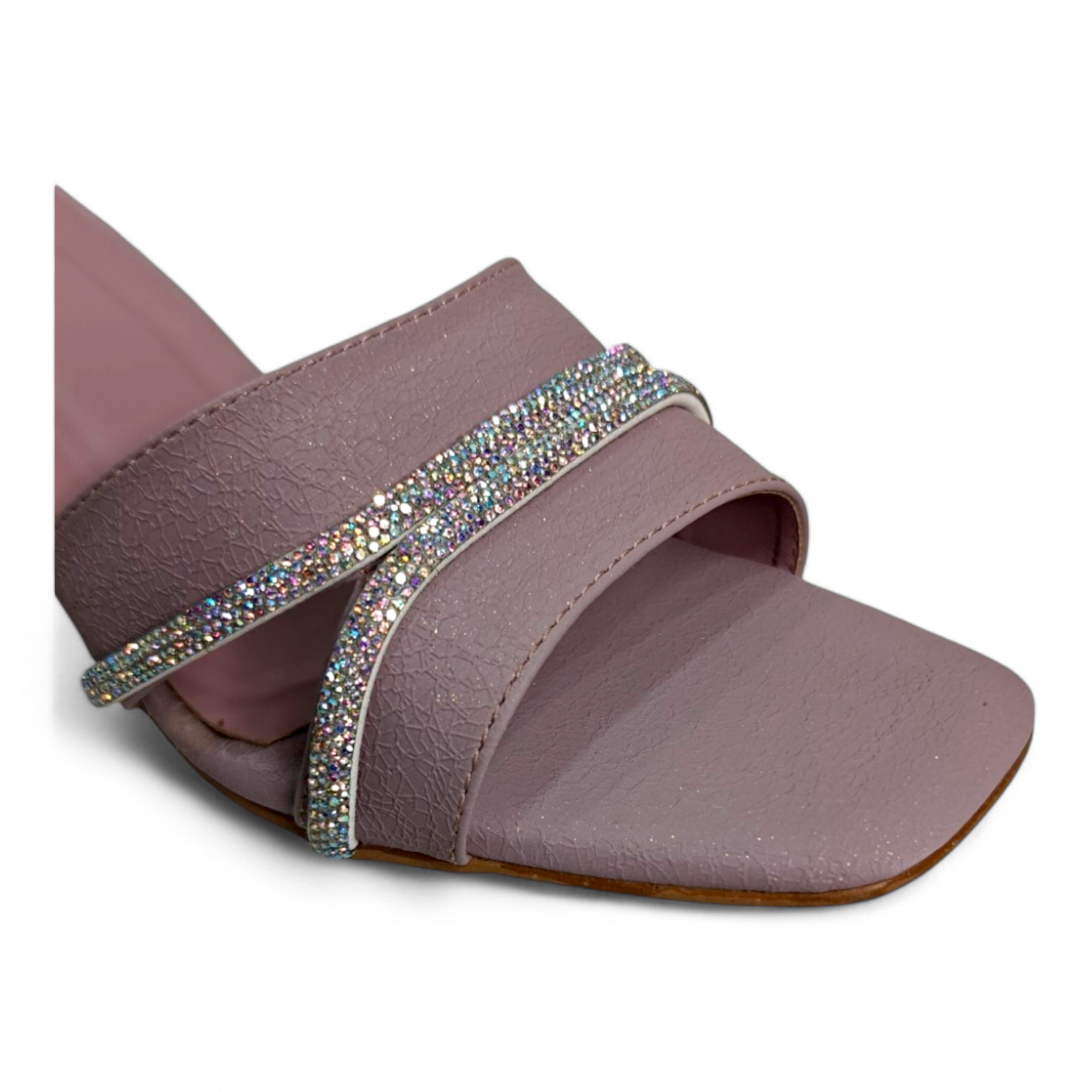 Close-up of Embellished Straps on Purplish Open Toe T-Shape Footwear