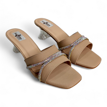 Beige T-Shape Open Toe Footwear with Transparent Heel & Embellished Straps