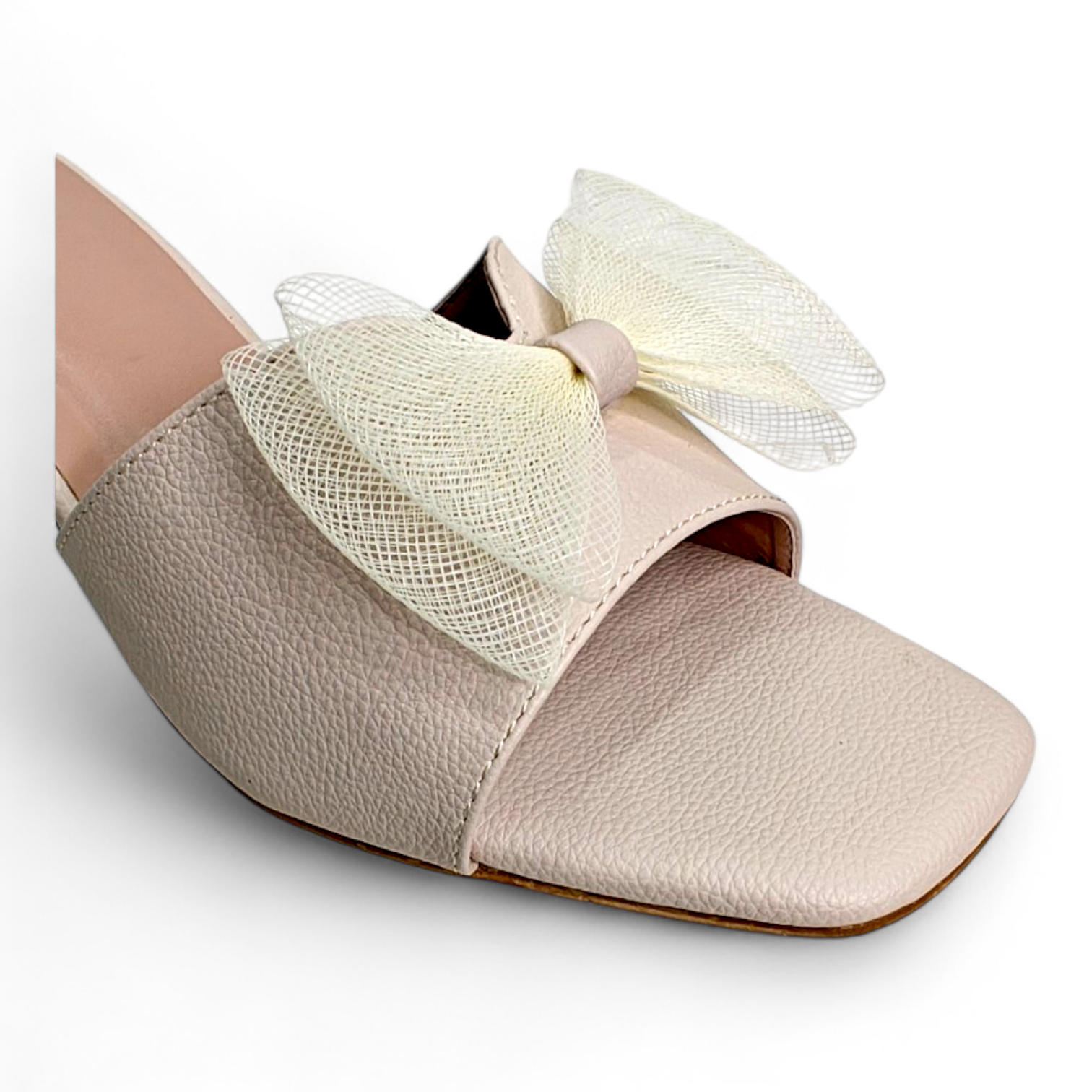 Close-up of net bow detail on Beige Block Heel Open Toe Footwear