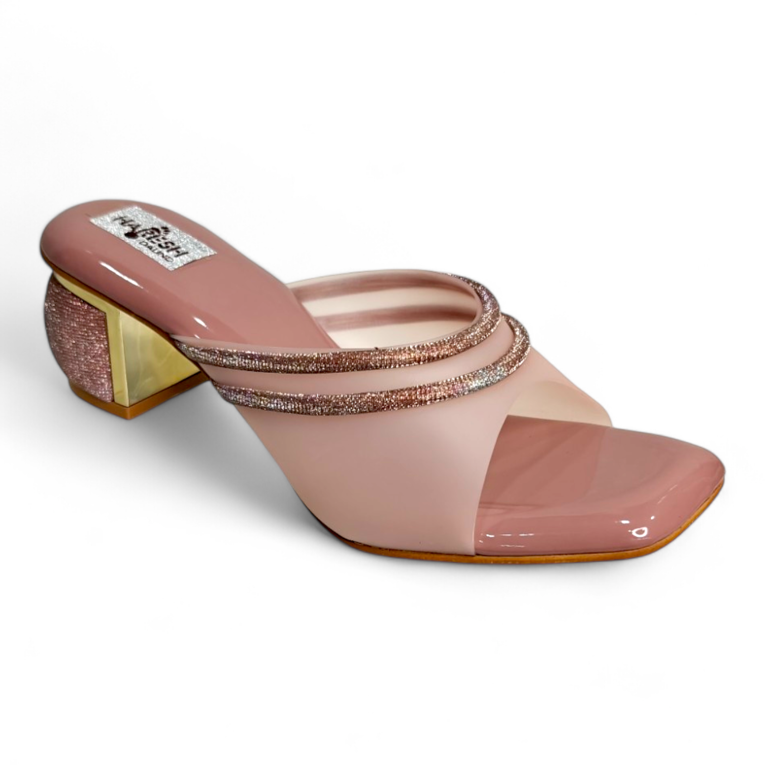 Peach footwear with egg shape heel, smoke belt open toe, and 2 embellished strips