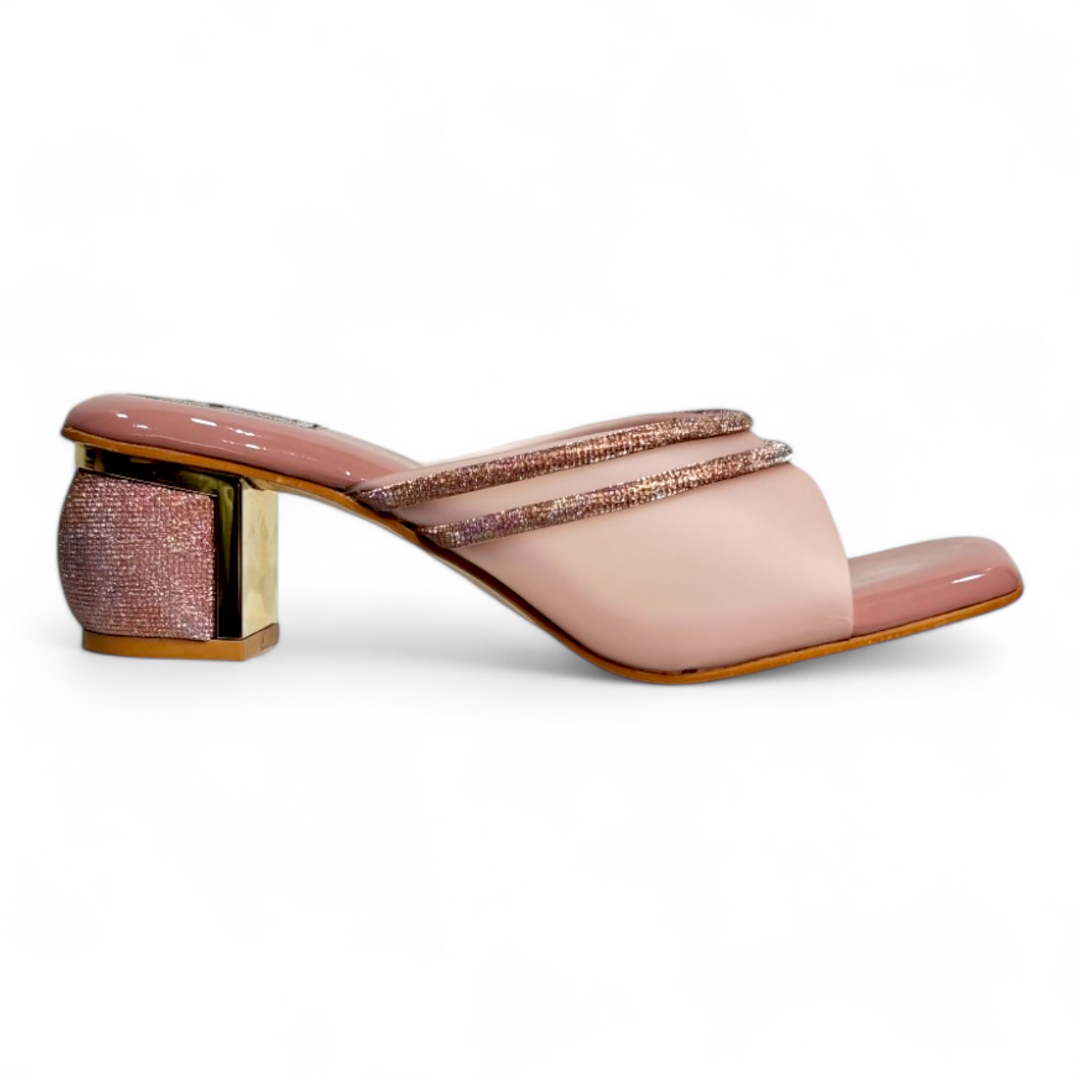 Side view of peach color footwear with egg shape heel and smoke belt open toe