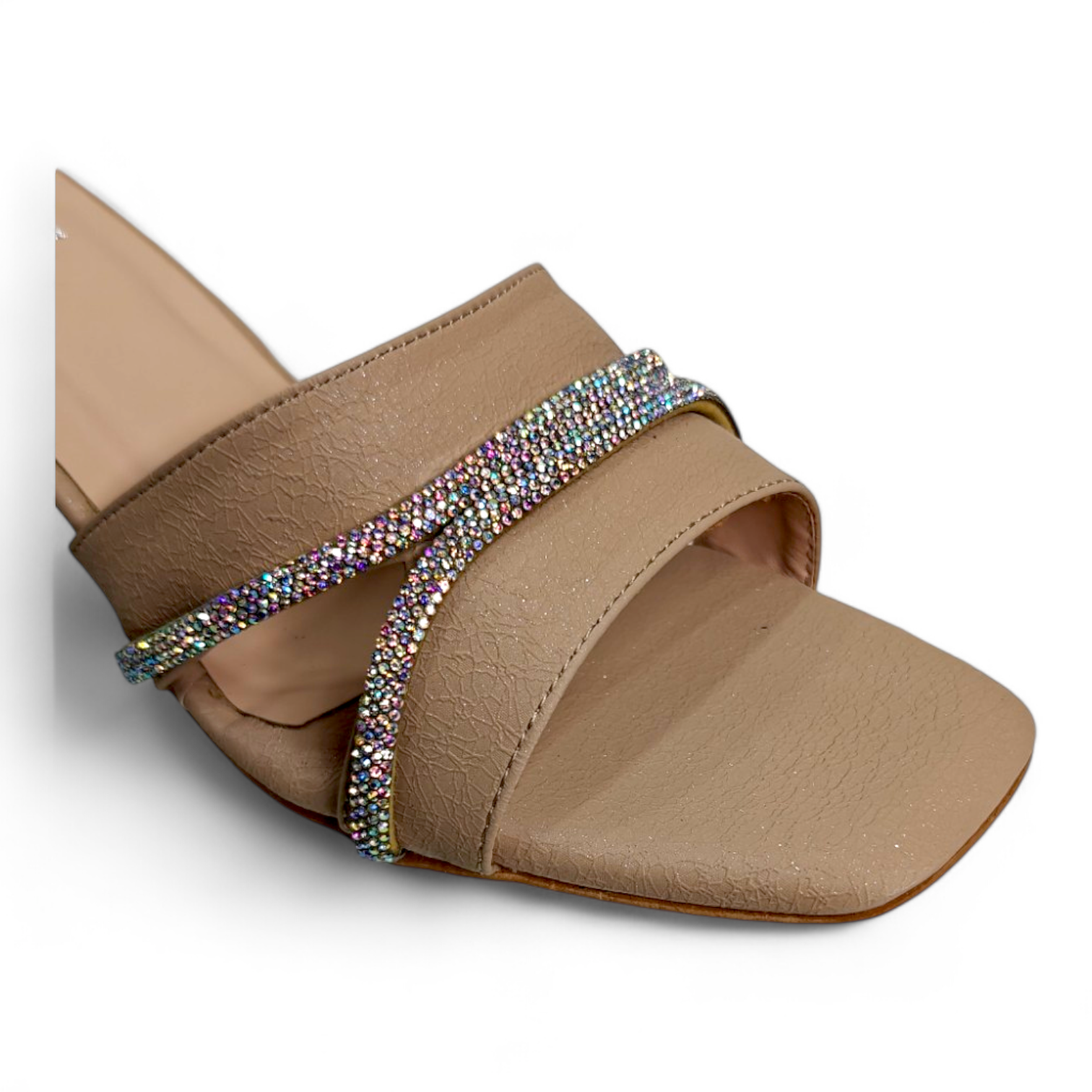 Close-up of 2 embellished straps and transparent heel of Beige Open Toe Footwear