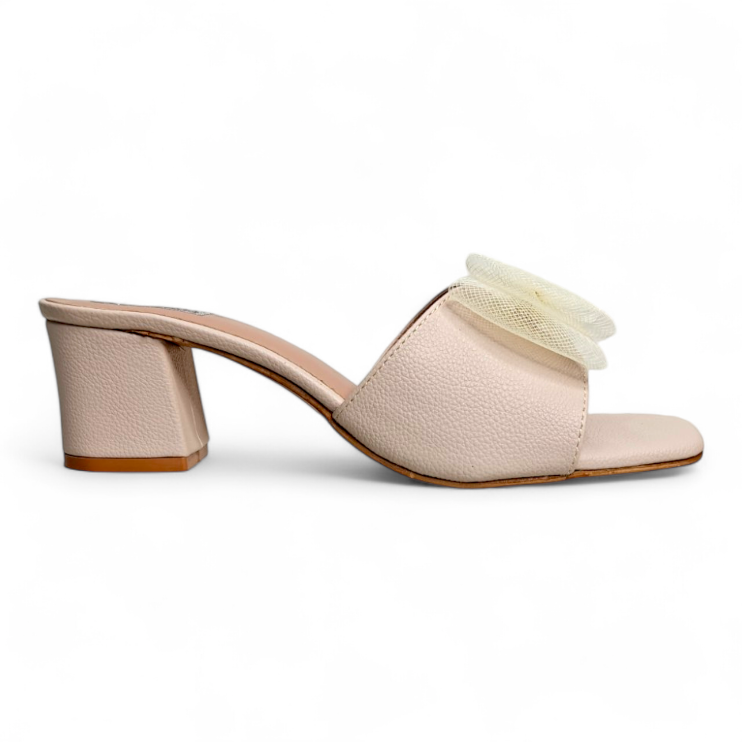 Side view of Beige Block Heel Footwear with open toe and net bow on top