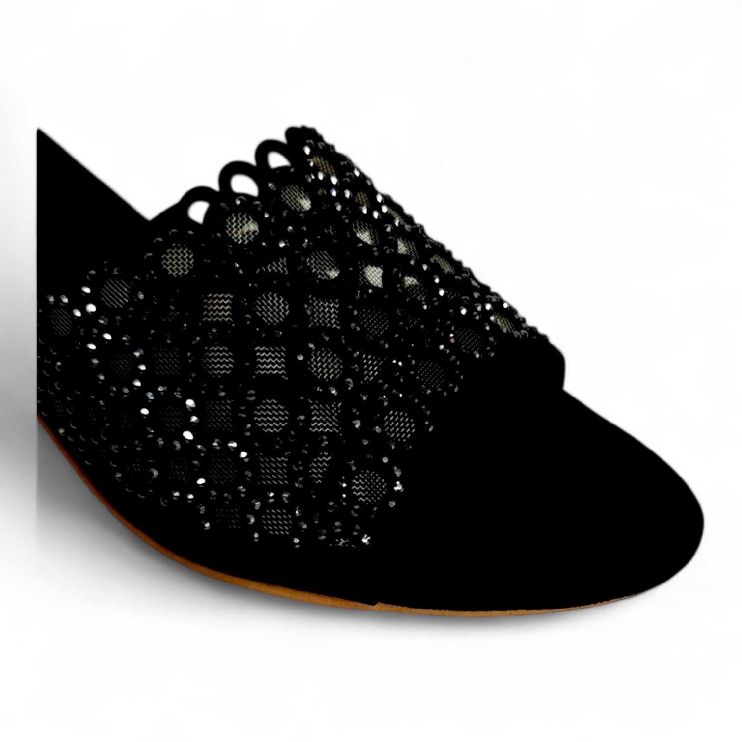 Close-up of the round cutting belt with diamond detail on top of black block heel, open toe occasionwear footwear