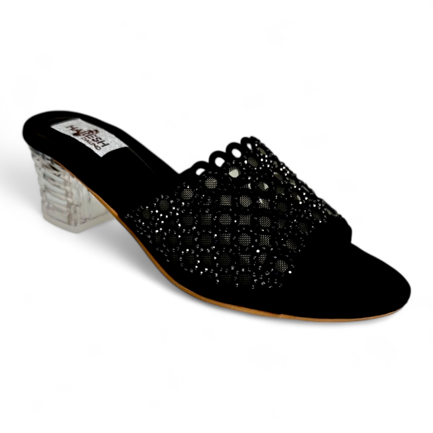 Black block heel open toe occasionwear heels with round cutting belt and diamond detail on top