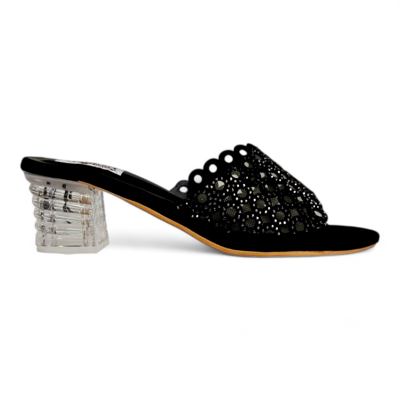 Side view of black block heel with round cutting belt and diamond embellishment, perfect for special occasions