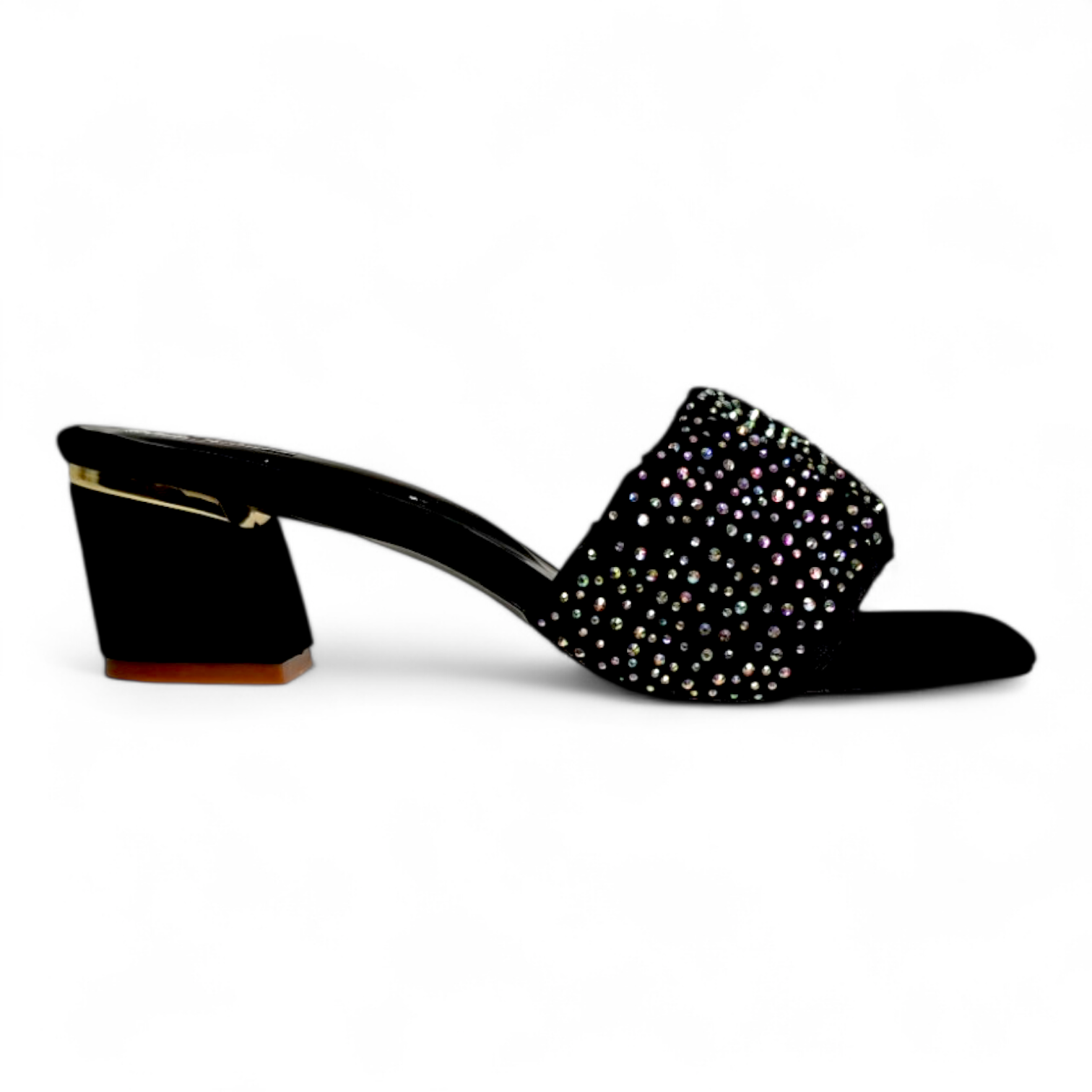 Side view of Black Block Heels with Frill Belt and Diamond on Top, Open Toe Occasionwear Heels