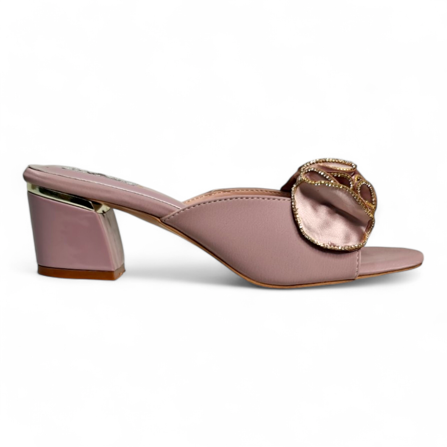 Side view of Rose Gold Block Heels featuring open toe design, satin belt, and frill bow detail