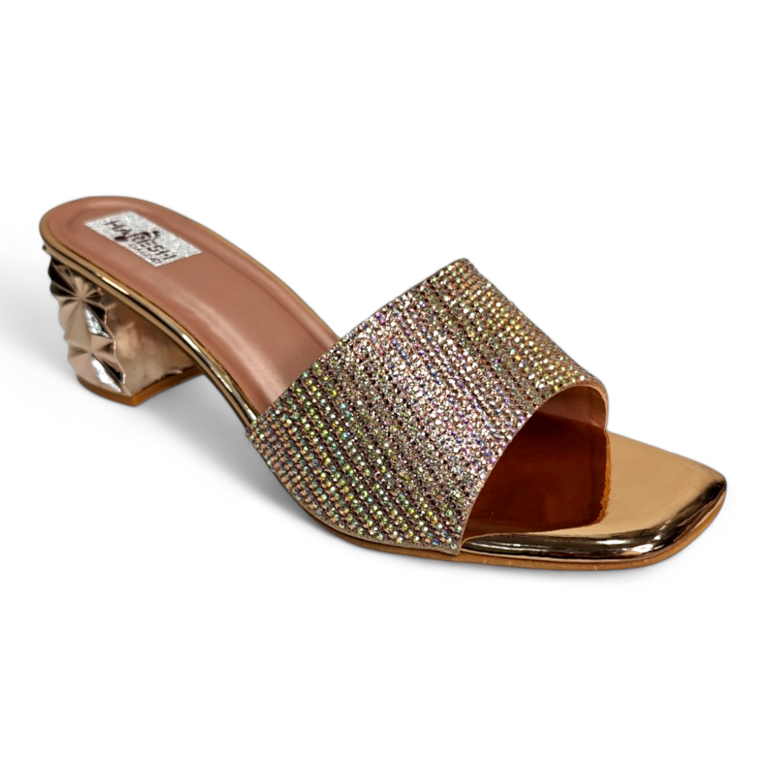 Rose Gold Block Heel with Diamond Belt and Open Toe for Occasionwear