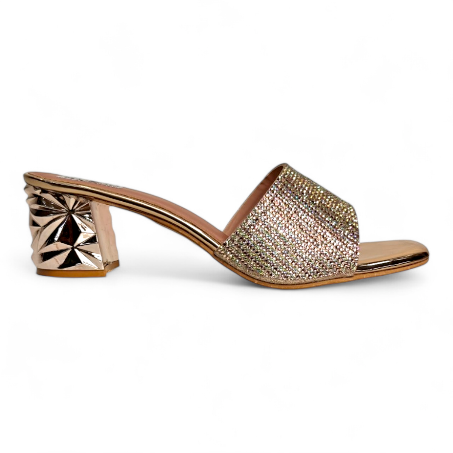 Side view of Rose Gold Block Heel with elegant diamond-embellished belt and open toe design